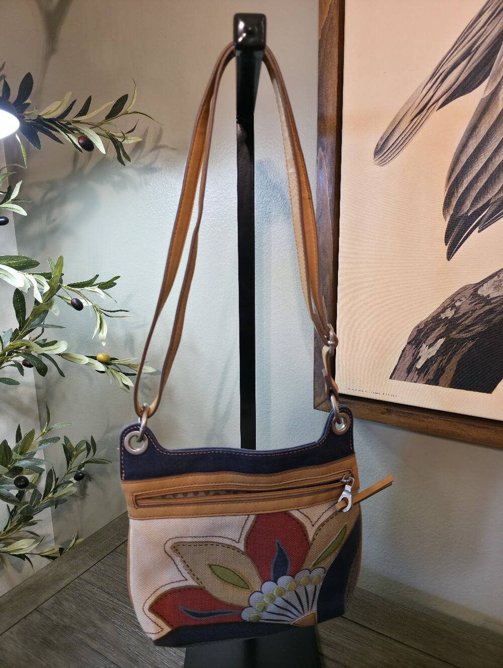 Relic Canvas Floral Crossbody Shoulder Bag in Tan and Navy